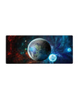Space nebula planet desk mouse pad, 28x12 inches, with star-speckled texture and glowing rings.