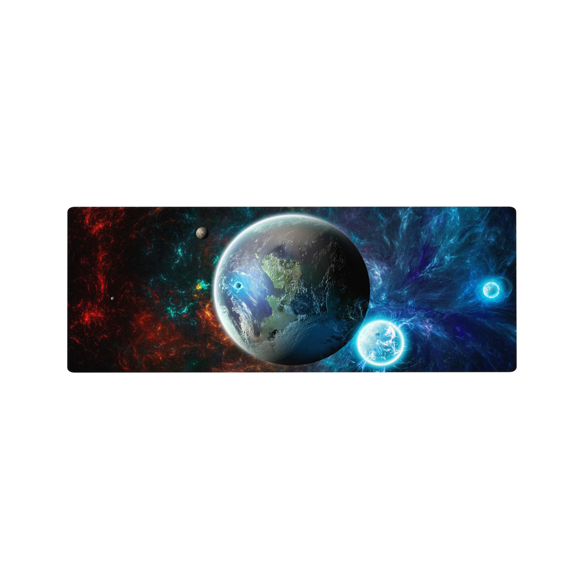 Galaxy nebula desk mouse pad 32x12 inches with planet, light rings, and star-speckled texture.