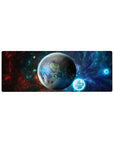 Galaxy nebula desk mouse pad 32x12 inches with planet, light rings, and star-speckled texture.