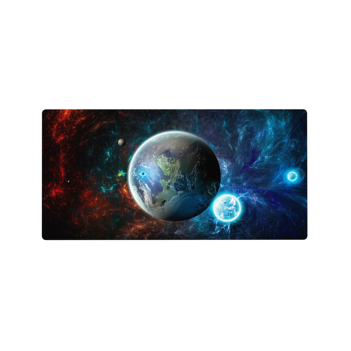 Space nebula galaxy desk mouse pad 32x16 inches with swirling stars, planet centerpiece, and light rings.