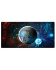 Space nebula galaxy desk mouse pad 32x16 inches with swirling stars, planet centerpiece, and light rings.