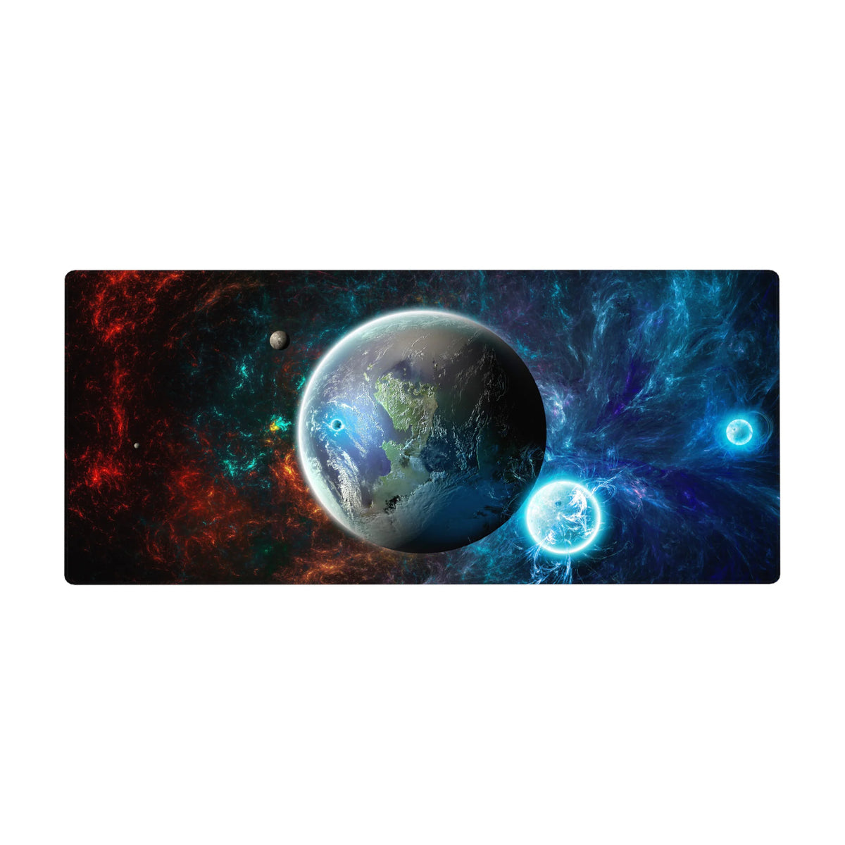 Nebula galaxy desk pad with planet centerpiece and star-speckled texture, 36x16 inches.