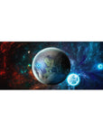 Nebula galaxy desk pad with planet centerpiece and star-speckled texture, 36x16 inches.