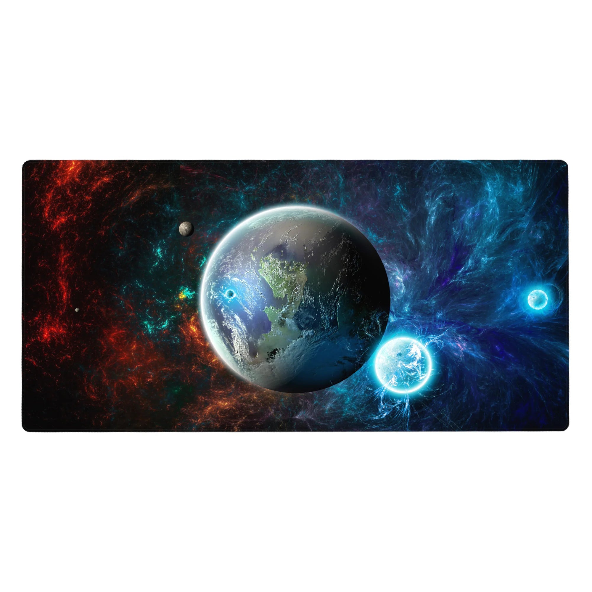Space nebula desk pad 40x20 inches with star-speckled gradients, light rings, and a central planet.