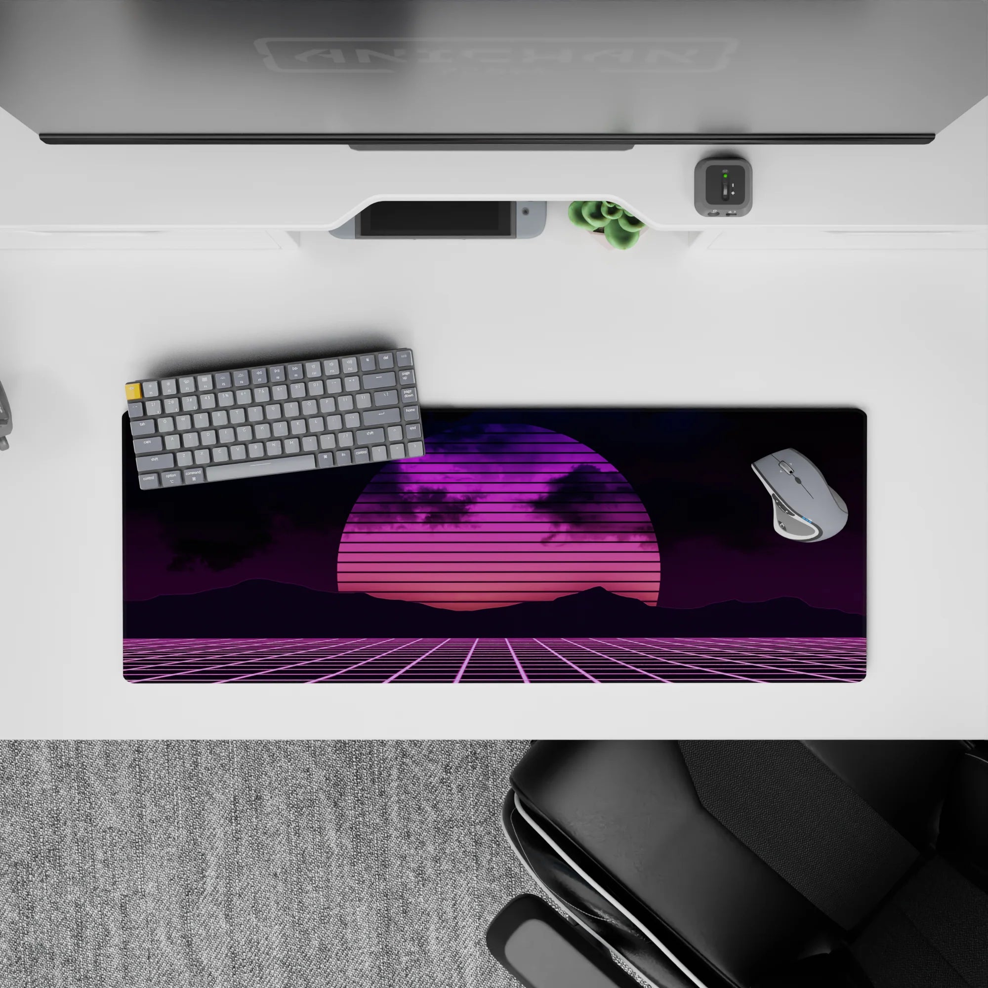 Retrowave - Vaporwave Deskmat | Mousepad | Deskpad - Neon Horizon Grid - AniChan