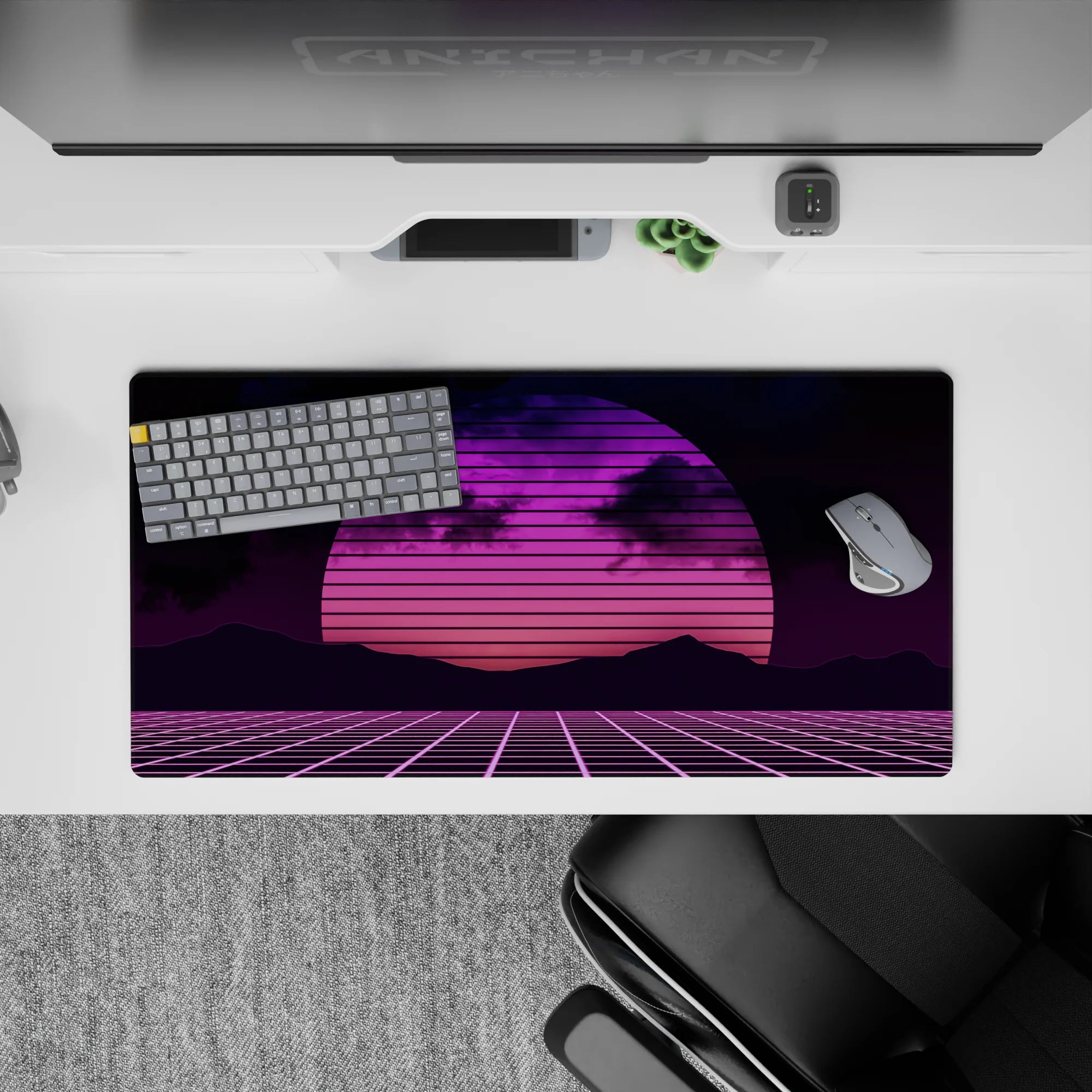 Retrowave - Vaporwave Deskmat | Mousepad | Deskpad - Neon Horizon Grid - AniChan