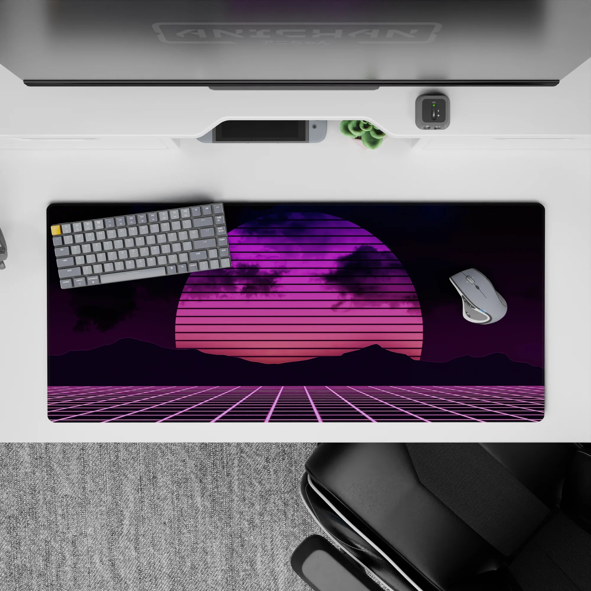 Retrowave - Vaporwave Deskmat | Mousepad | Deskpad - Neon Horizon Grid - AniChan