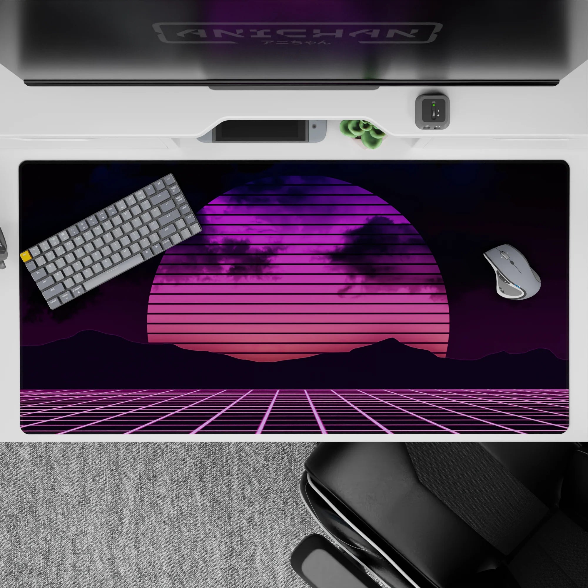 Retrowave - Vaporwave Deskmat | Mousepad | Deskpad - Neon Horizon Grid - AniChan