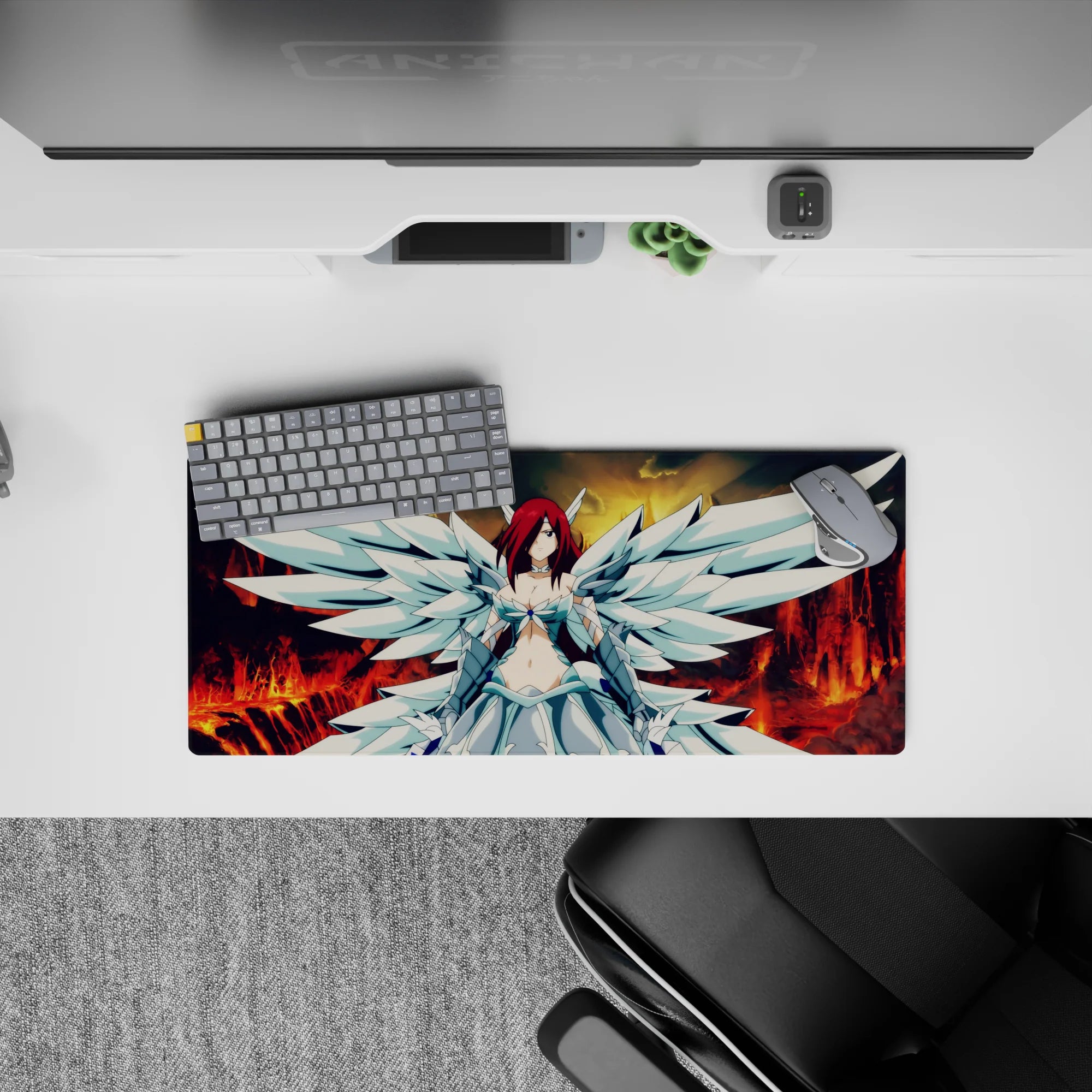 28x12 inches anime girl mouse pad in molten reds and smoky golds, bold color pop with smooth tracking.