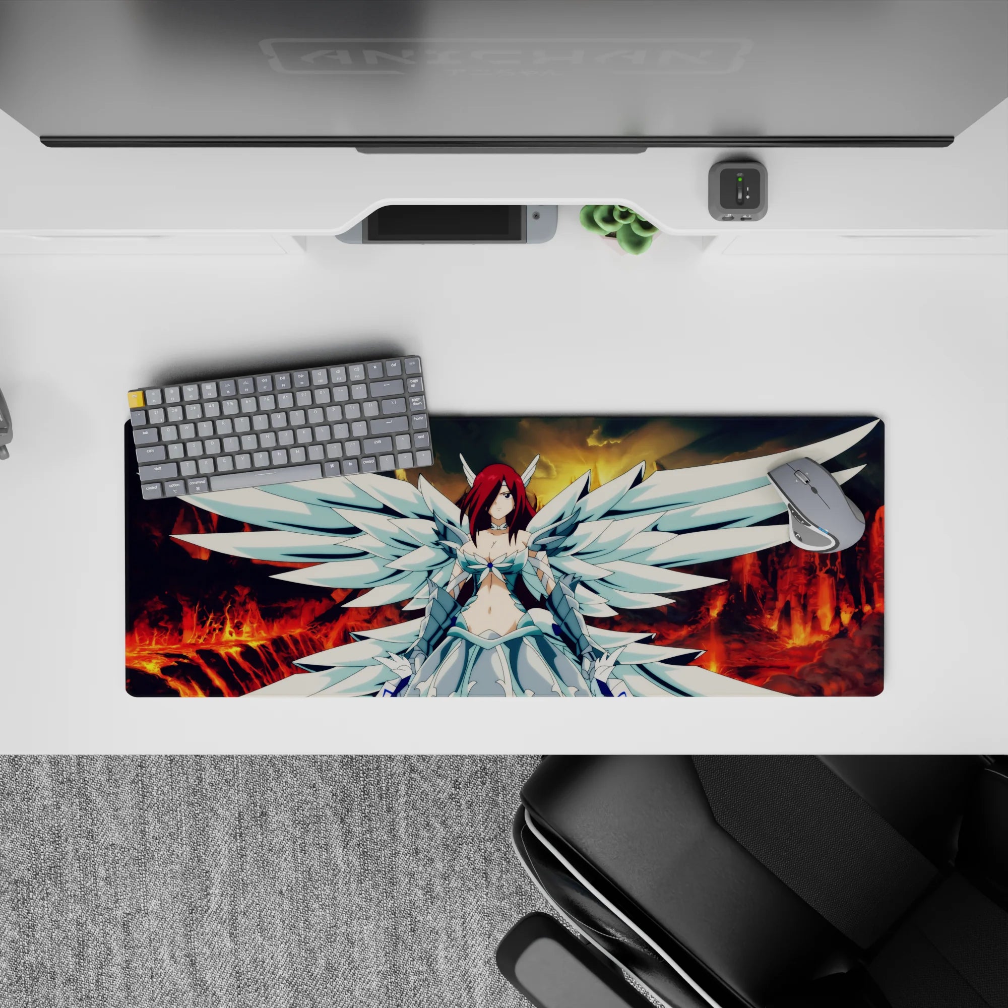 32x12 inches anime girl mouse pad in molten reds and smoky golds, bold crimson hair and calm fierce vibe.