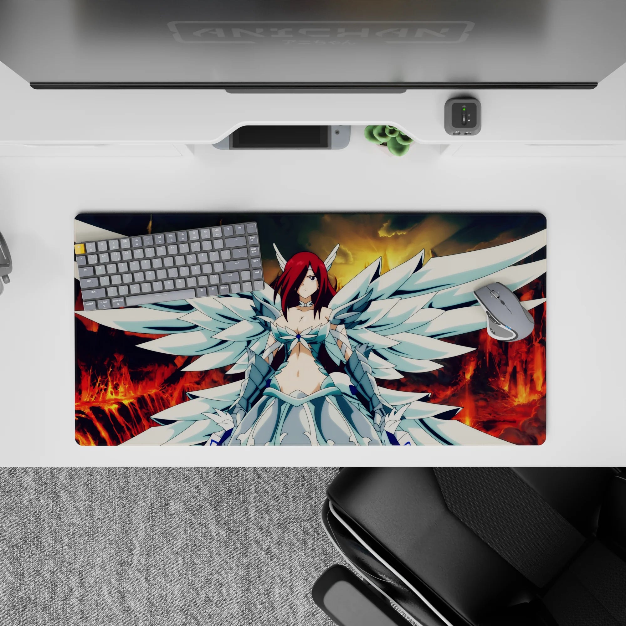 32x16 inches anime girl mouse pad in molten red and smoky gold sky, bold colors with calm fierce vibe.