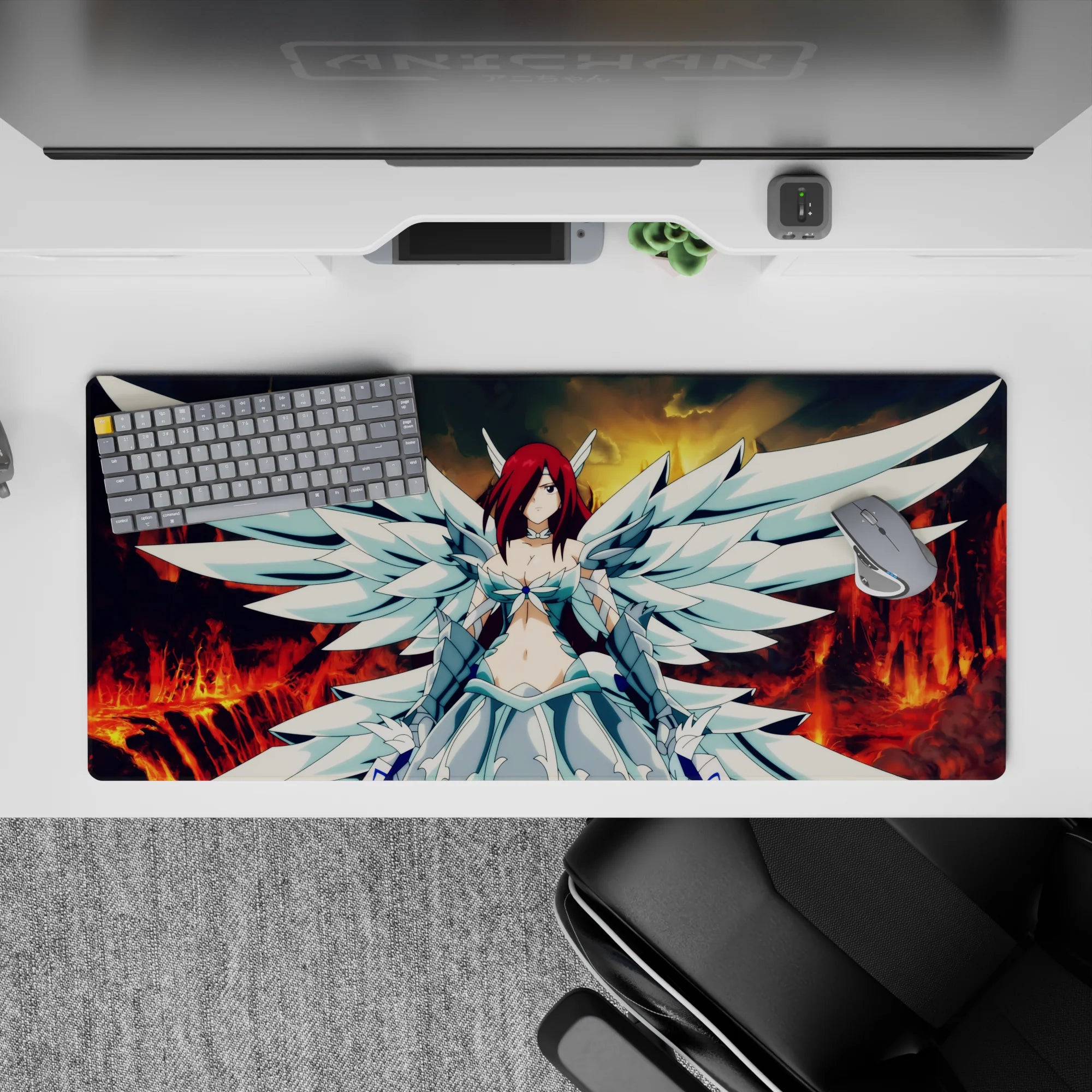 36x16 inches anime desk pad in molten reds and smoky golds, bold blaze-lit sky and high-contrast pop.