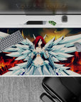 Crimson hair and molten red-gold background anime desk pad, bold moody angel wings, 40x20 inches.