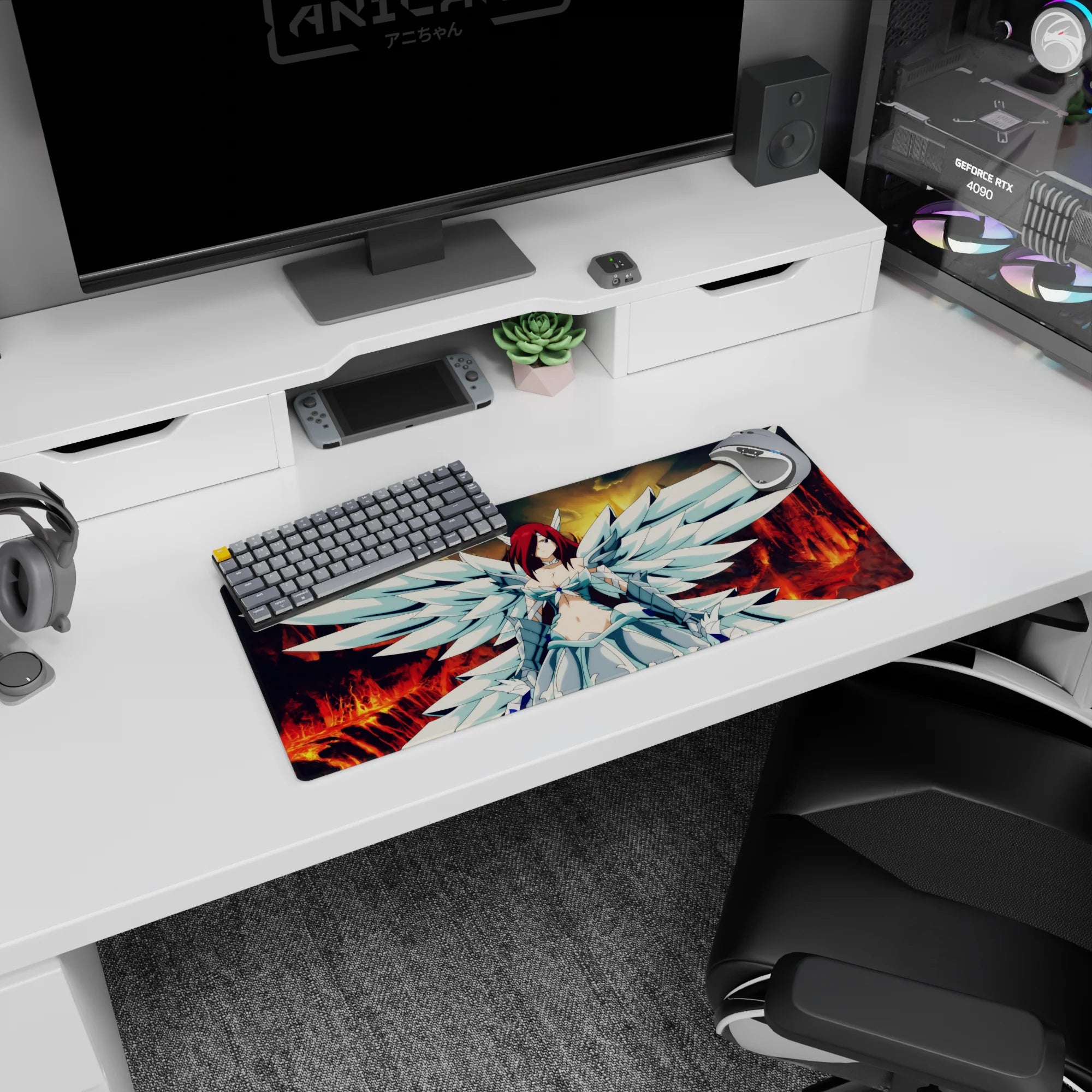 28x12 inches anime girl mouse pad featuring calm angel-winged fighter, blue chest gem, feathered armor.