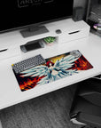 28x12 inches anime girl mouse pad featuring calm angel-winged fighter, blue chest gem, feathered armor.