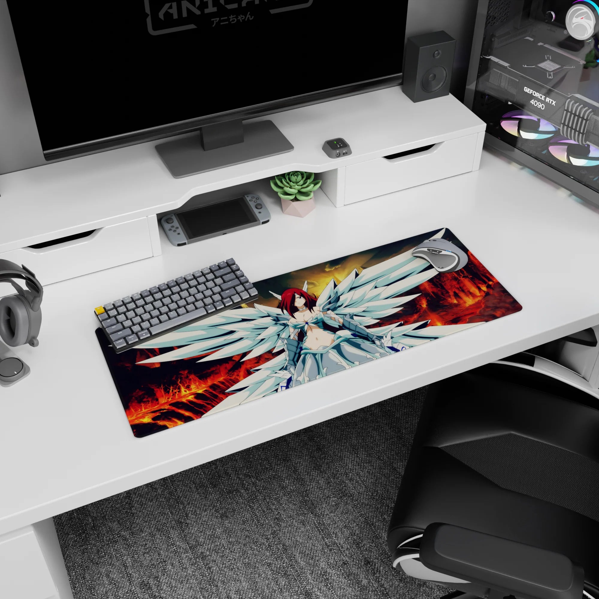 32x12 inches anime girl mouse pad showing crimson-haired angel in icy armor, wings spread over blaze-lit clouds.