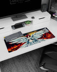 32x12 inches anime girl mouse pad showing crimson-haired angel in icy armor, wings spread over blaze-lit clouds.