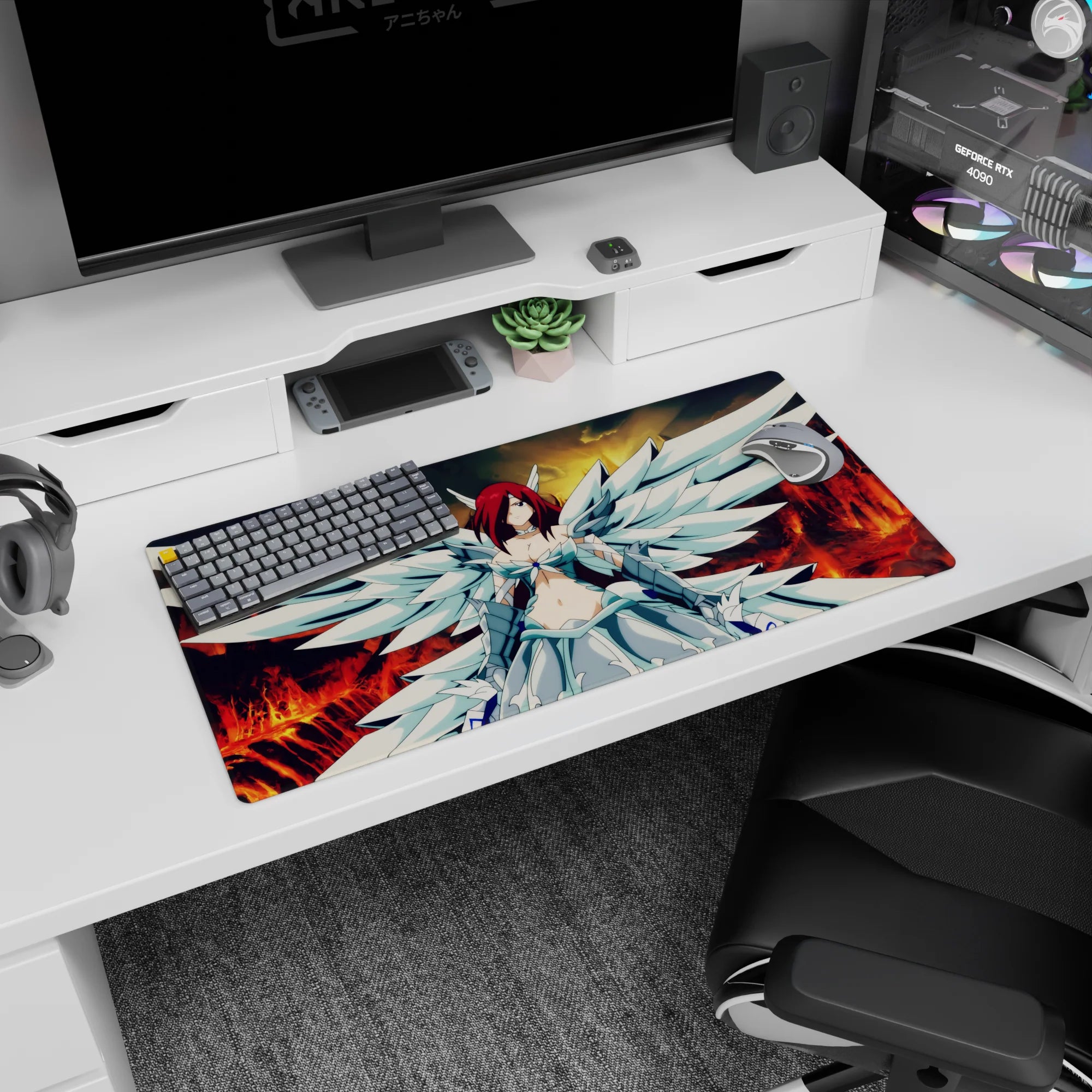 32x16 inches anime girl mouse pad featuring crimson-haired angel warrior, feathered armor sleeves, wings spread.