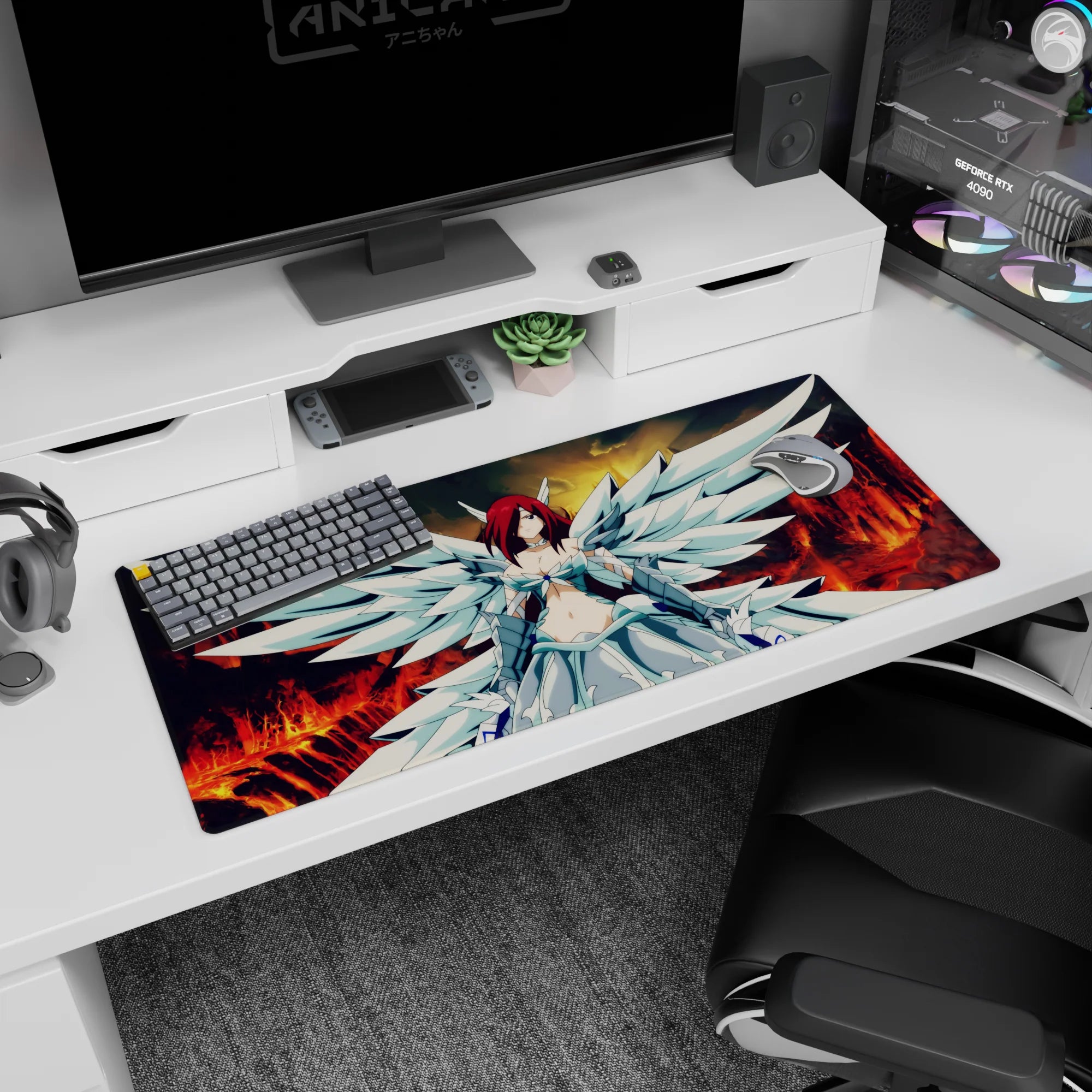 36x16 inches desk pad showing calm angel-winged anime girl in battle armor, wings spread over fiery clouds.