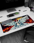 36x16 inches desk pad showing calm angel-winged anime girl in battle armor, wings spread over fiery clouds.