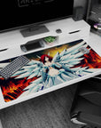 Fierce calm angel warrior anime girl with huge wings and feathered armor on desk pad, 40x20 inches.