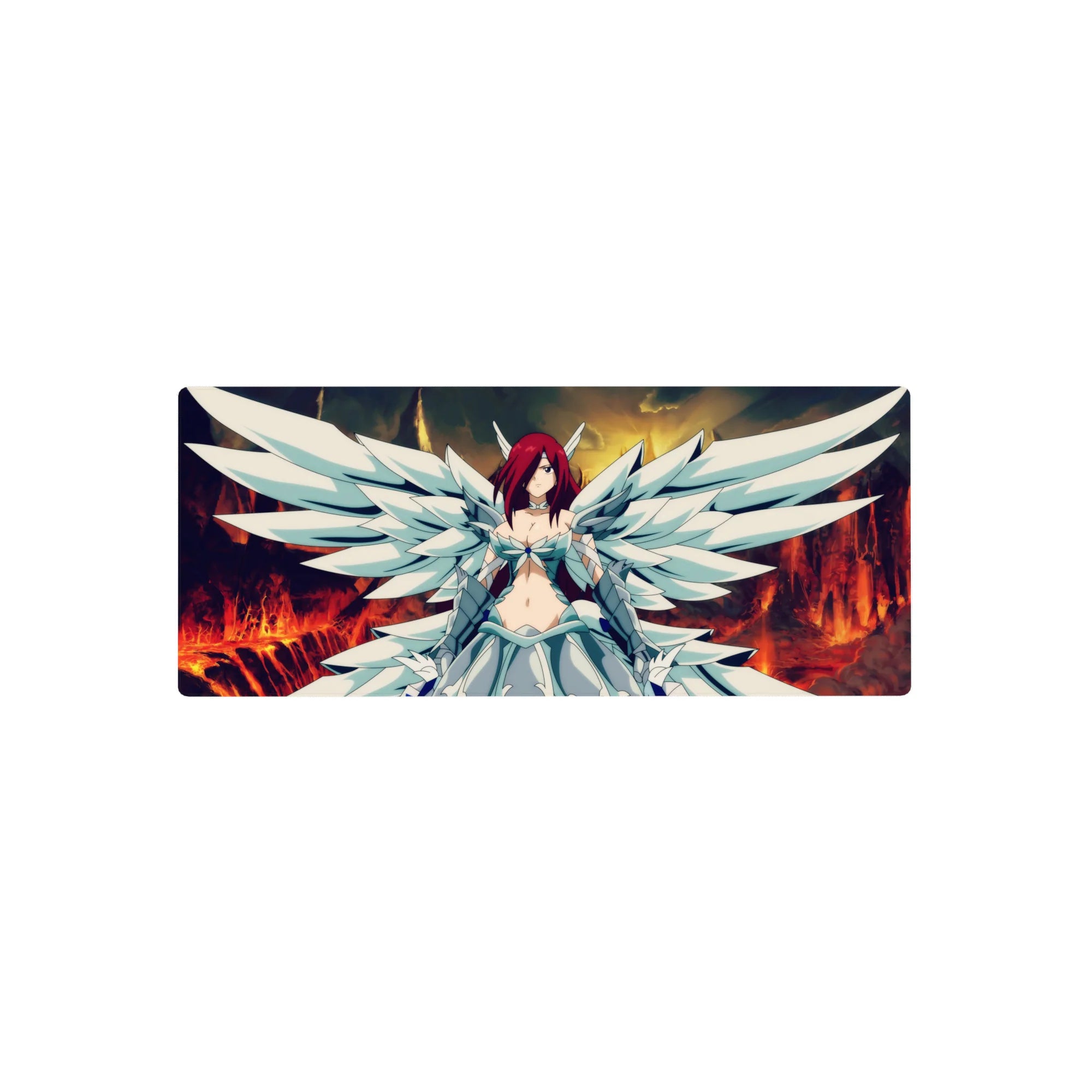 28x12 inches anime girl mouse pad with winged warrior, white armor dress, crimson hair, blazing sky.