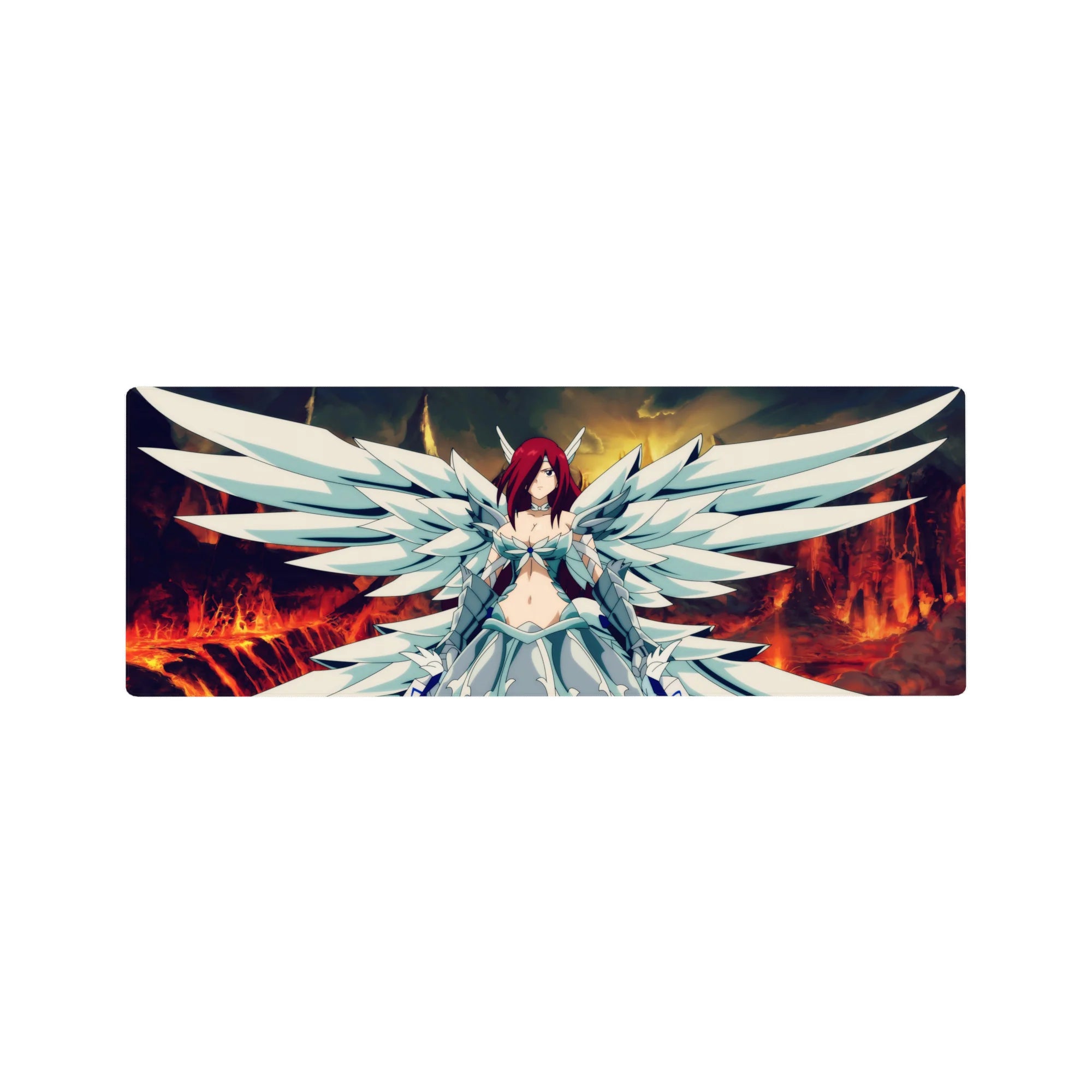32x12 inches anime girl mouse pad with winged warrior in white armor dress and blue gem, fiery sky.