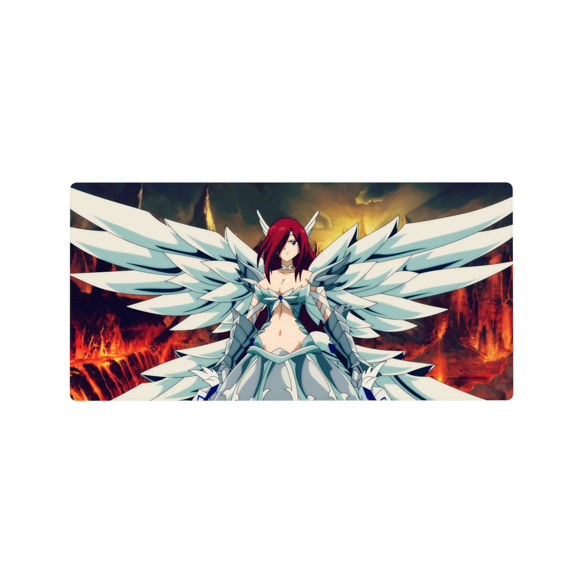32x16 inches anime girl mouse pad with winged warrior in white armor dress and blue gem, wide angel wings.