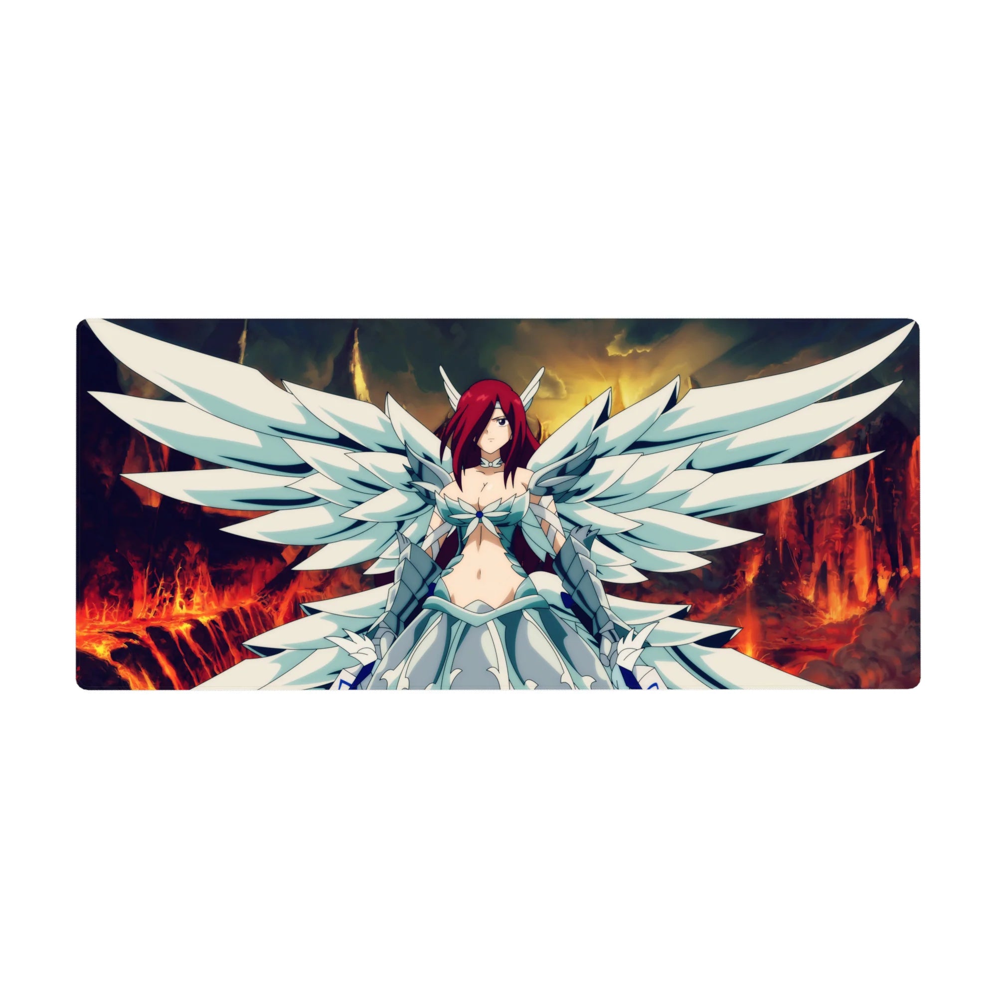 36x16 inches anime girl desk pad with winged warrior in white armor dress, crimson hair, and gem chest.