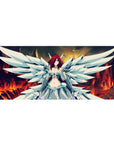 36x16 inches anime girl desk pad with winged warrior in white armor dress, crimson hair, and gem chest.