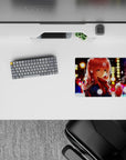 Cozy 14x10 inches anime girl mouse pad in gold, blue, and candy-red bokeh with warm cocoa vibes.