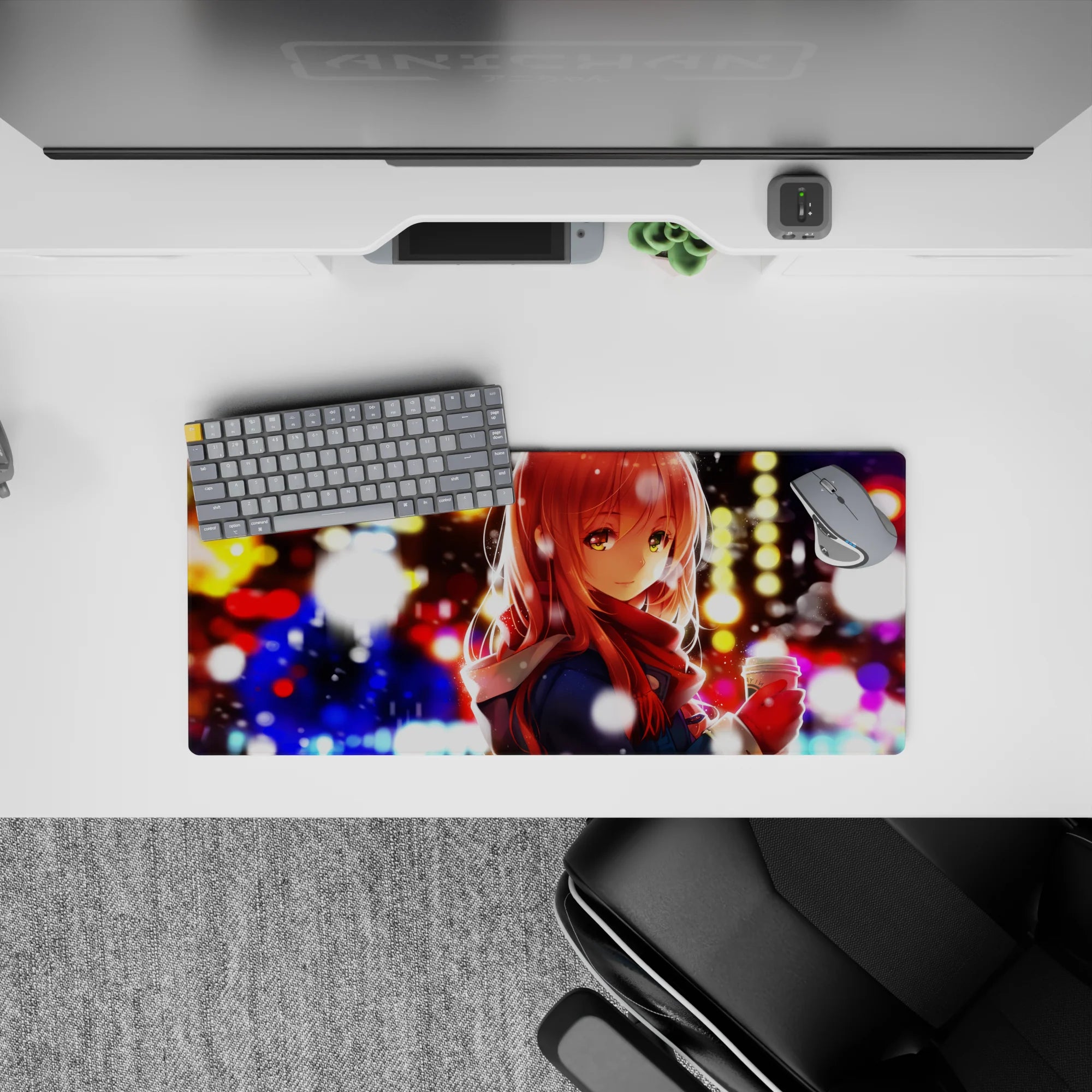 28x12 inches anime girl mouse pad in gold, blue, and candy-red bokeh with cozy cocoa winter vibes.