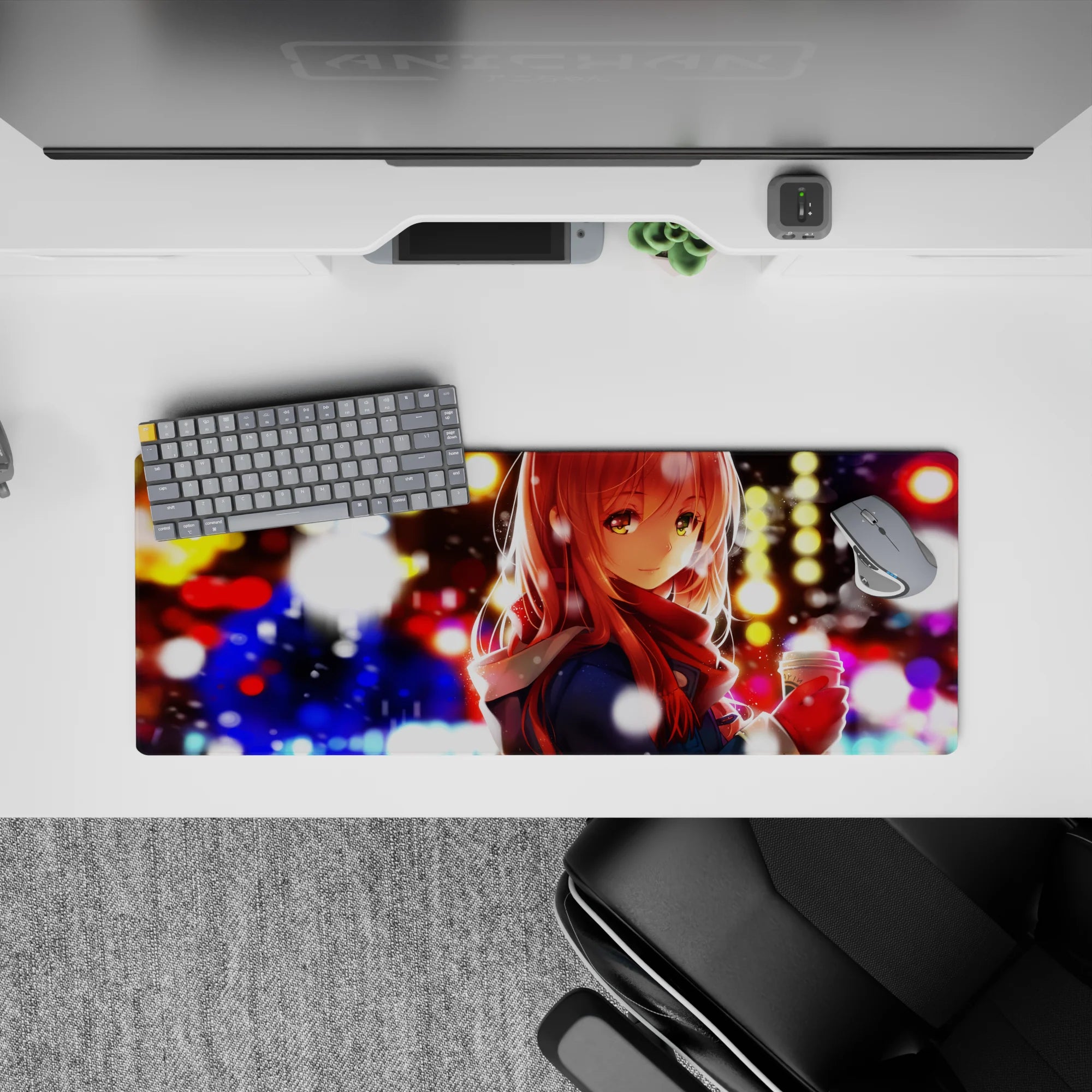 32x12 inches anime girl mouse pad in warm cocoa mood, gold-blue-red bokeh glow, soft snowflake accents.