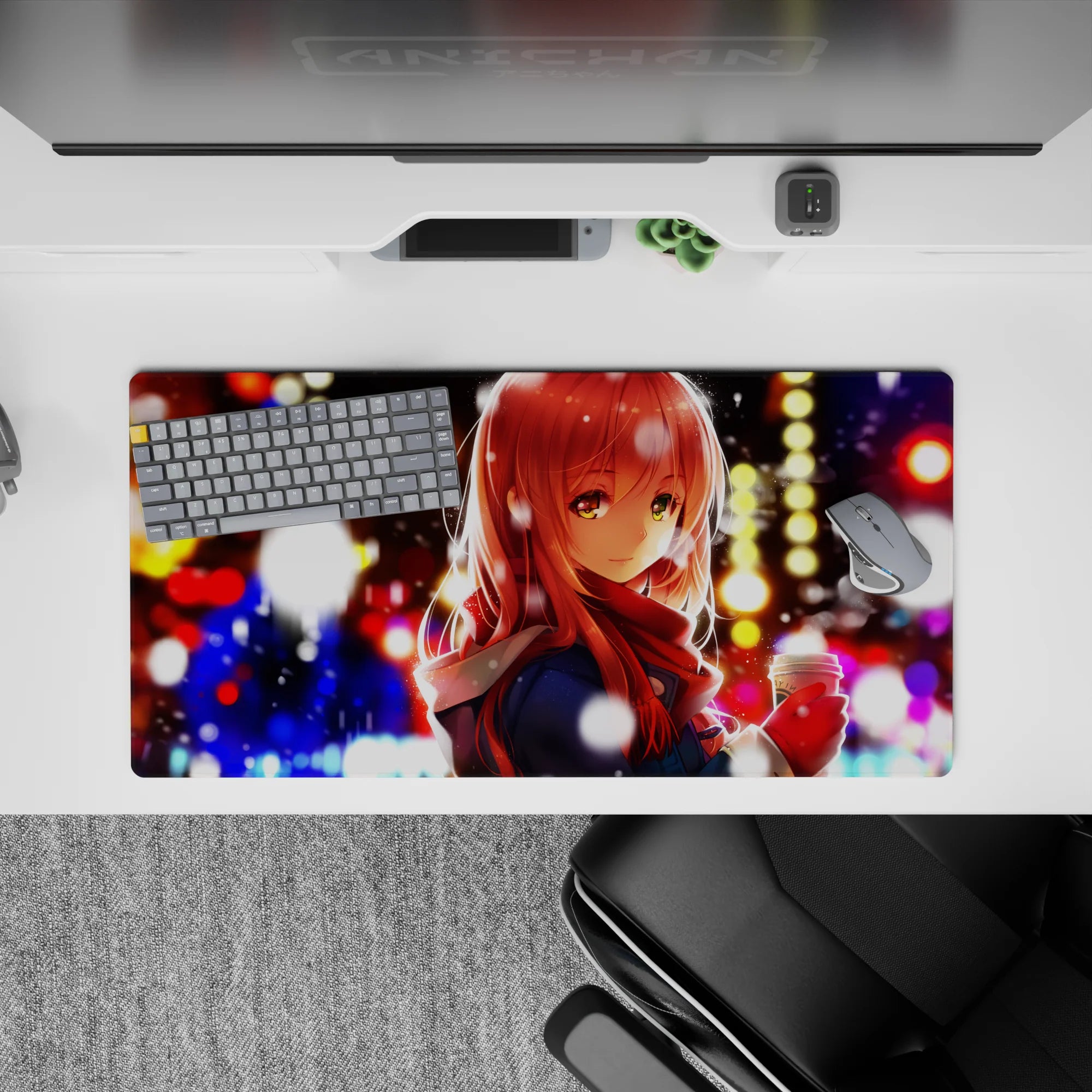 32x16 inches anime girl mouse pad in gold, blue, and candy-red bokeh with calm snowfall vibes.