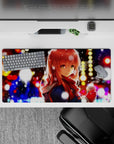 32x16 inches anime girl mouse pad in gold, blue, and candy-red bokeh with calm snowfall vibes.