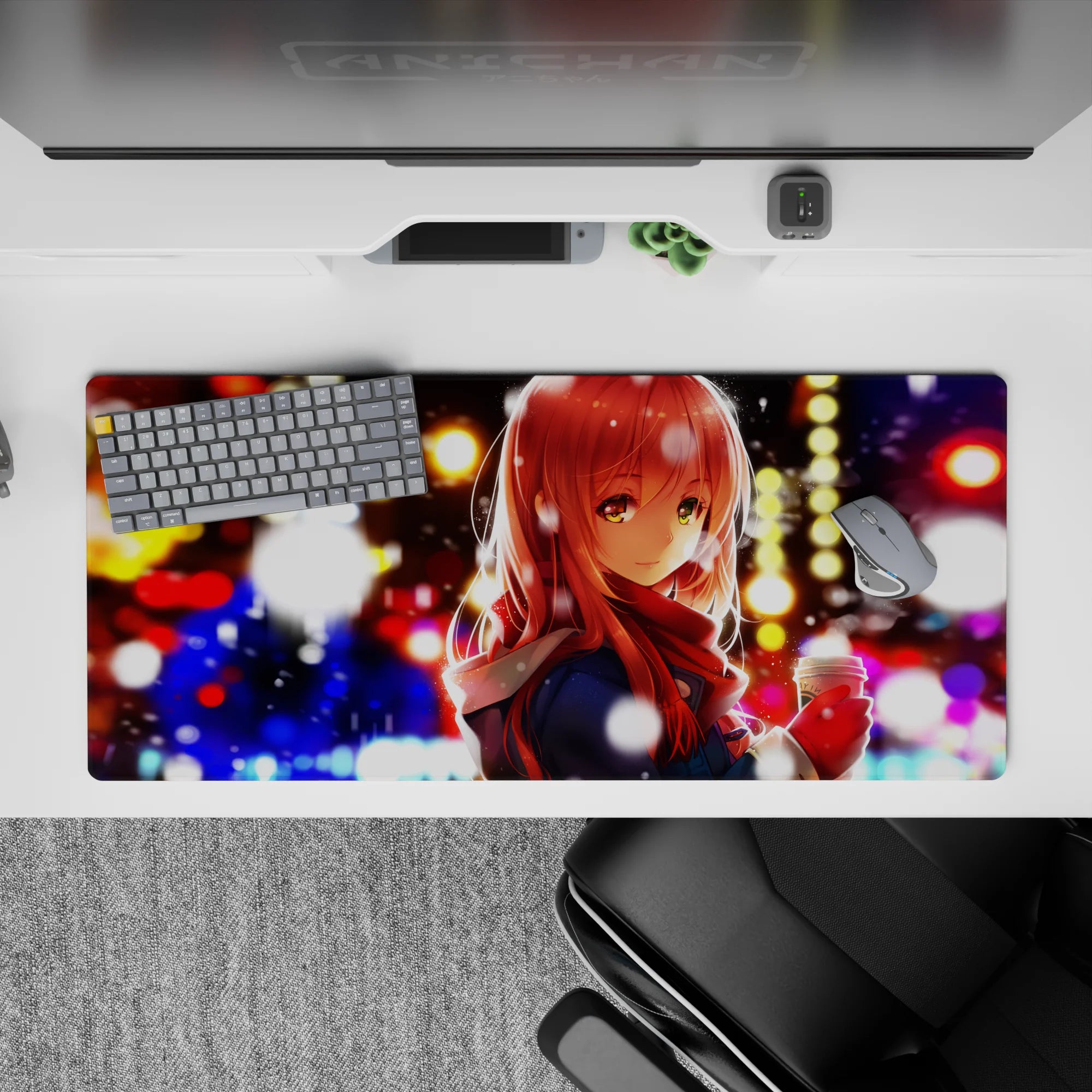 Cozy anime desk pad 36x16 inches in gold, blue, and candy-red bokeh with soft snowflakes.