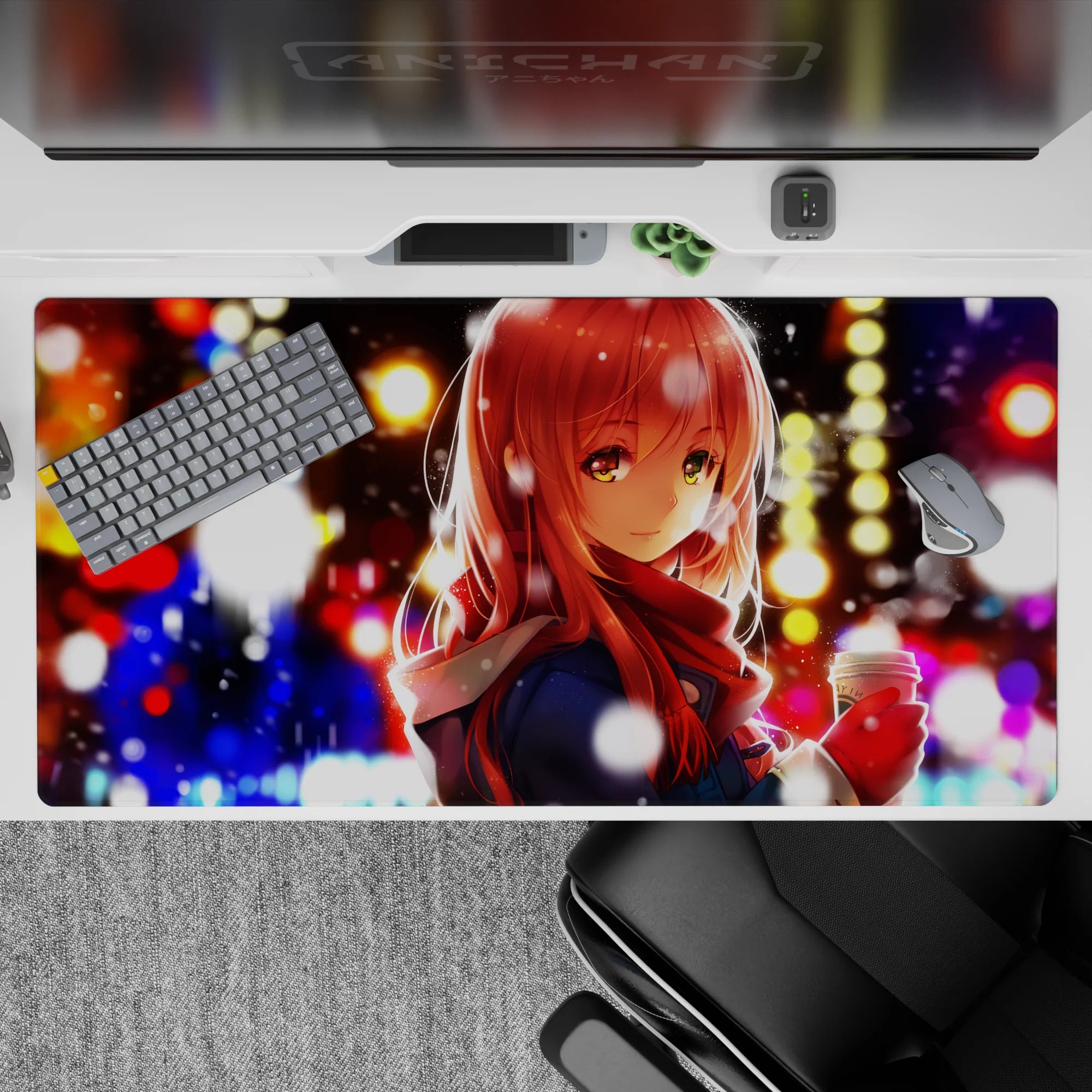 40x20 inches anime girl desk pad in gold, blue, and candy-red bokeh with warm cocoa winter vibes.