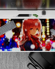 40x20 inches anime girl desk pad in gold, blue, and candy-red bokeh with warm cocoa winter vibes.