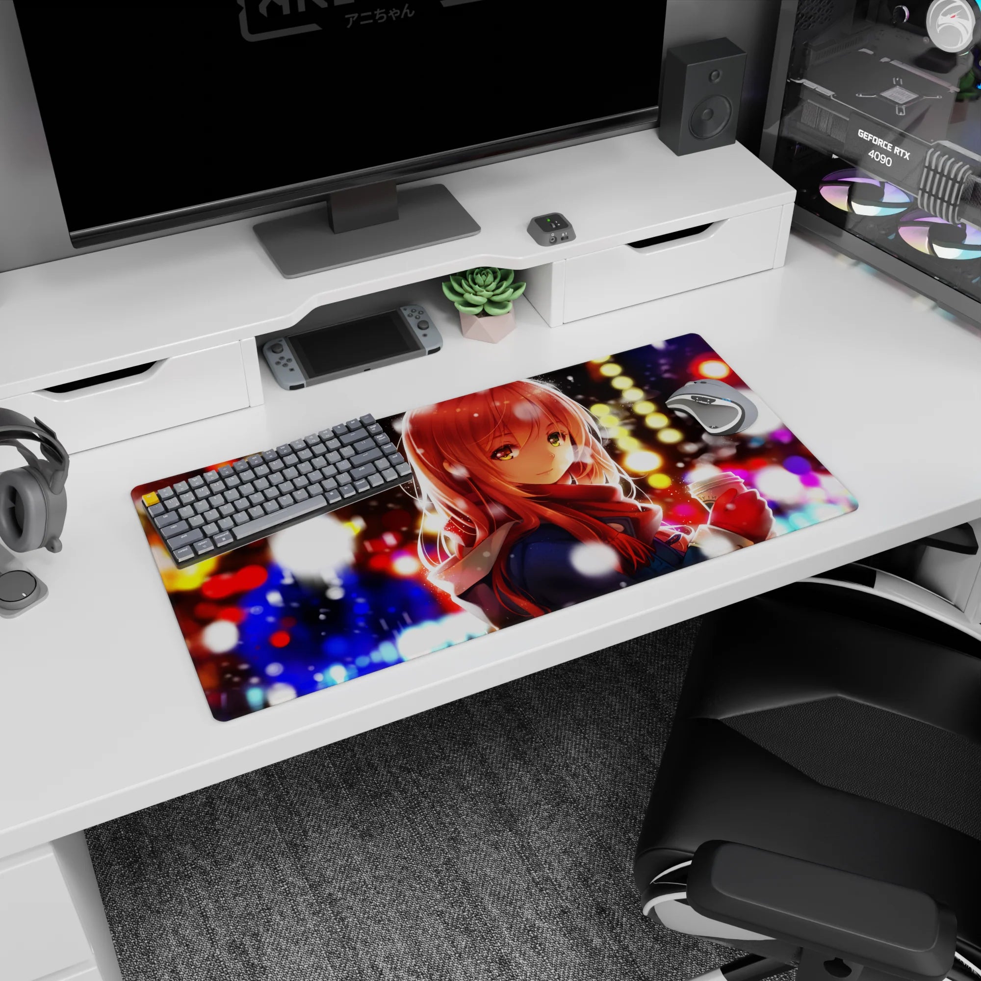 32x16 inches anime girl mouse pad showing a red-haired girl with amber eyes on a cozy winter night.