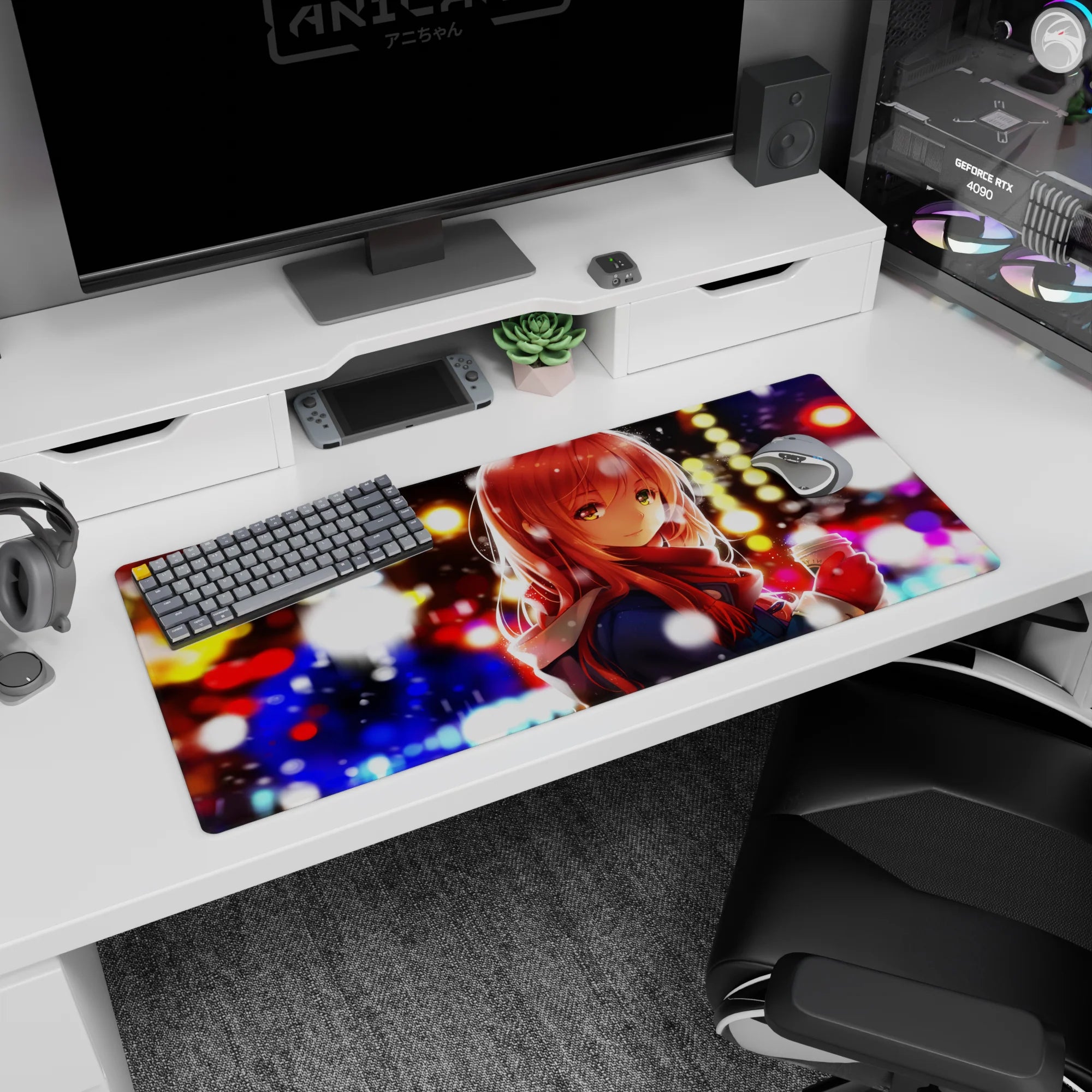 Red-haired anime girl desk pad 36x16 inches with amber eyes, scarf, and warm cocoa winter vibe.
