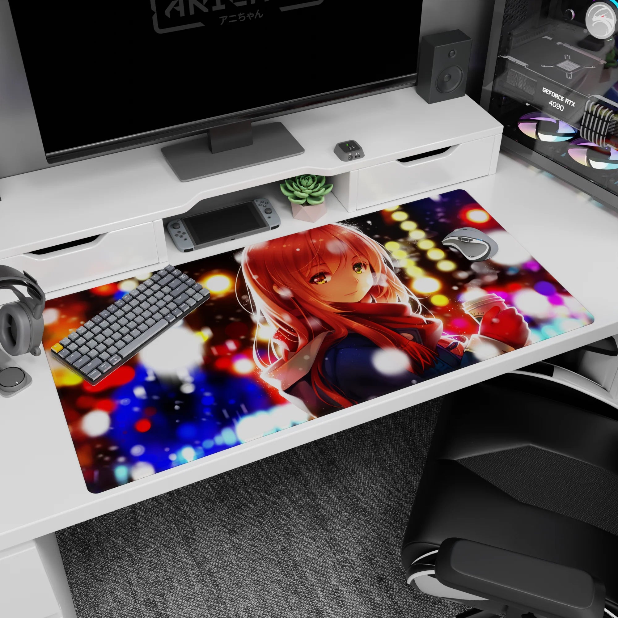 Anime girl with red hair and amber eyes in a scarf, snowy night city backdrop desk pad 40x20 inches.