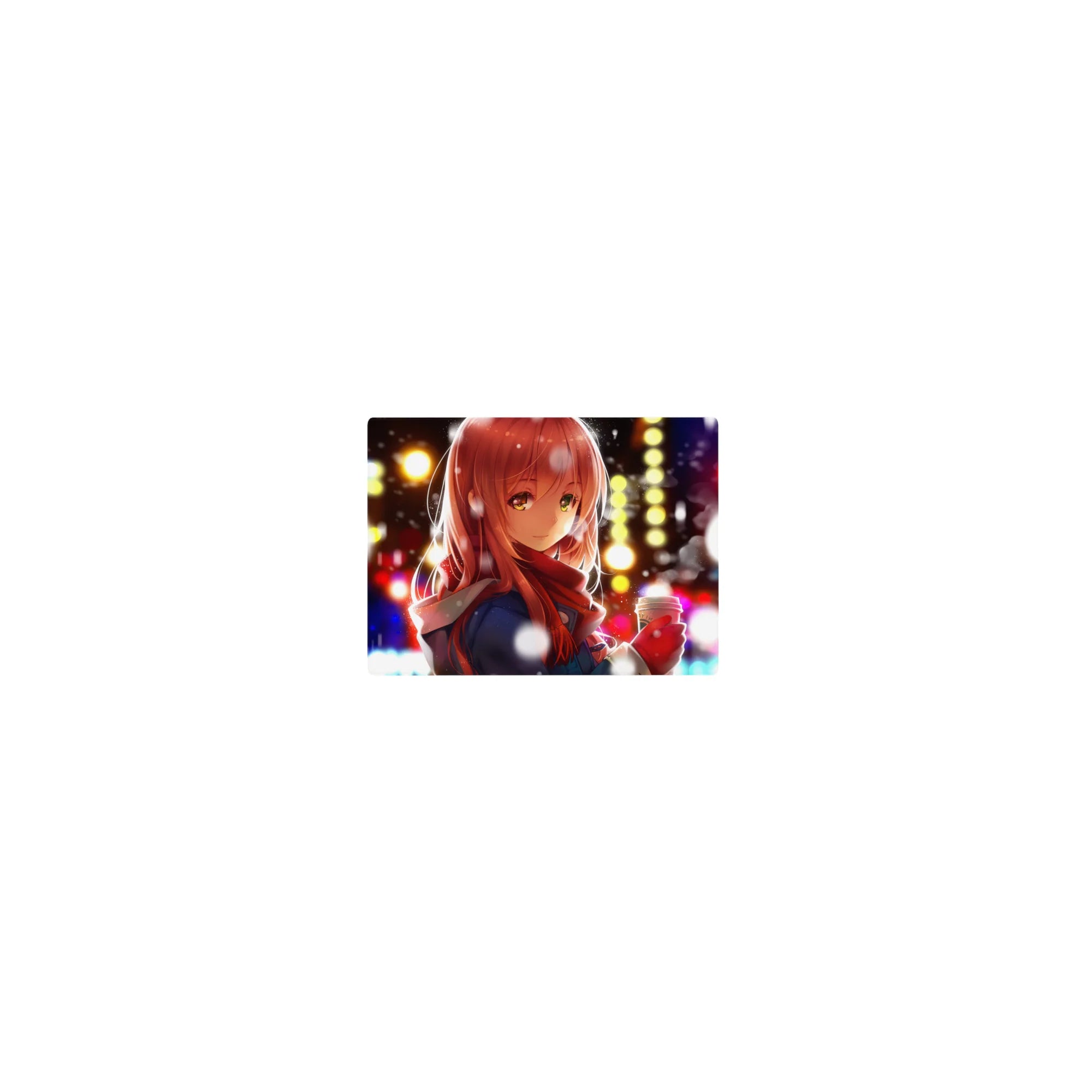 Classic anime girl mouse pad 14x10 inches with winter city lights, bokeh glow, and falling snowflakes.