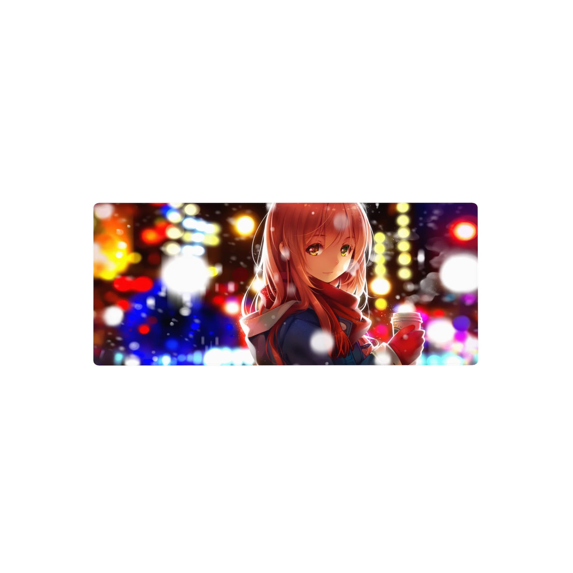 28x12 inches anime girl mouse pad with winter city lights, bokeh glow, and falling snowflakes design.