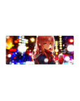 28x12 inches anime girl mouse pad with winter city lights, bokeh glow, and falling snowflakes design.