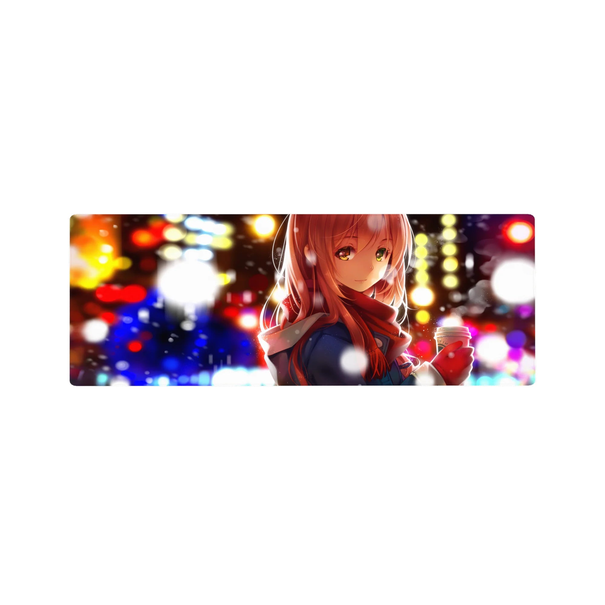 32x12 inches anime girl mouse pad with red-haired girl, scarf, snowy city bokeh lights, extended desk mat.