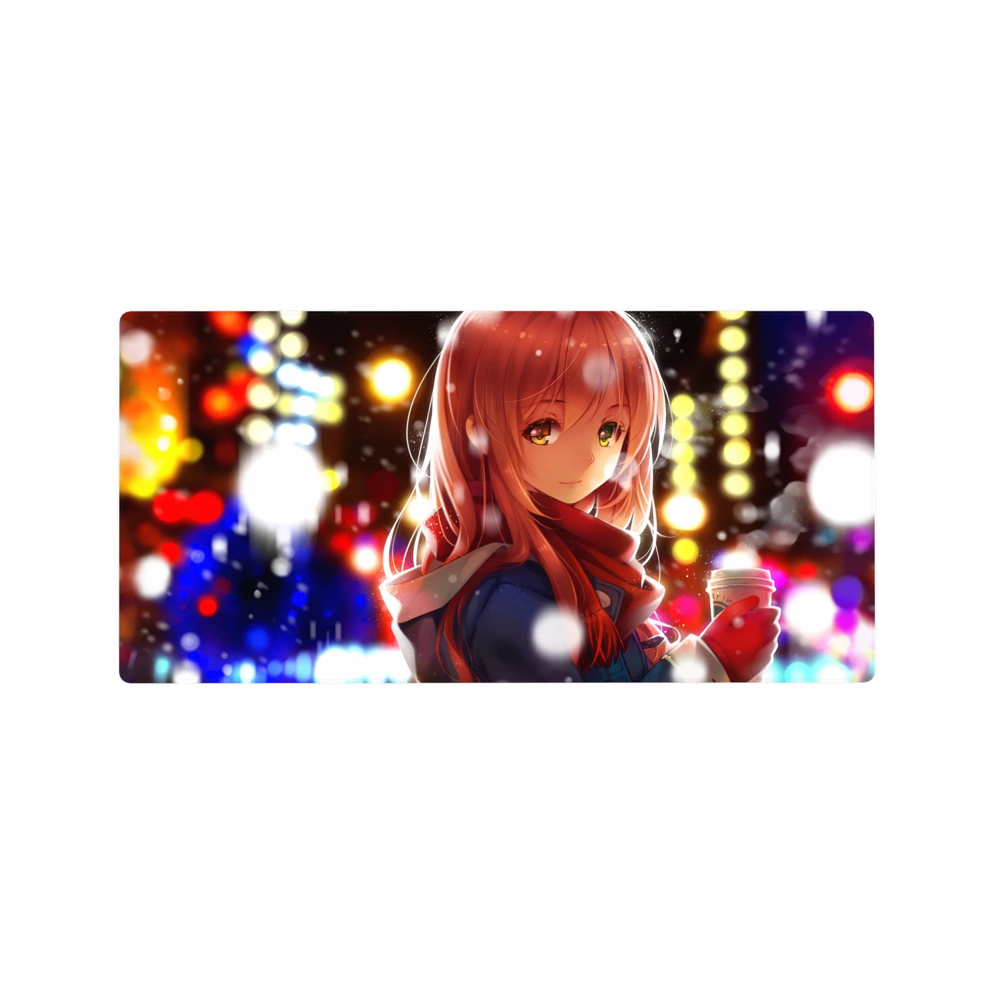 32x16 inches anime girl mouse pad with red-haired girl, scarf, snowy city bokeh lights background.