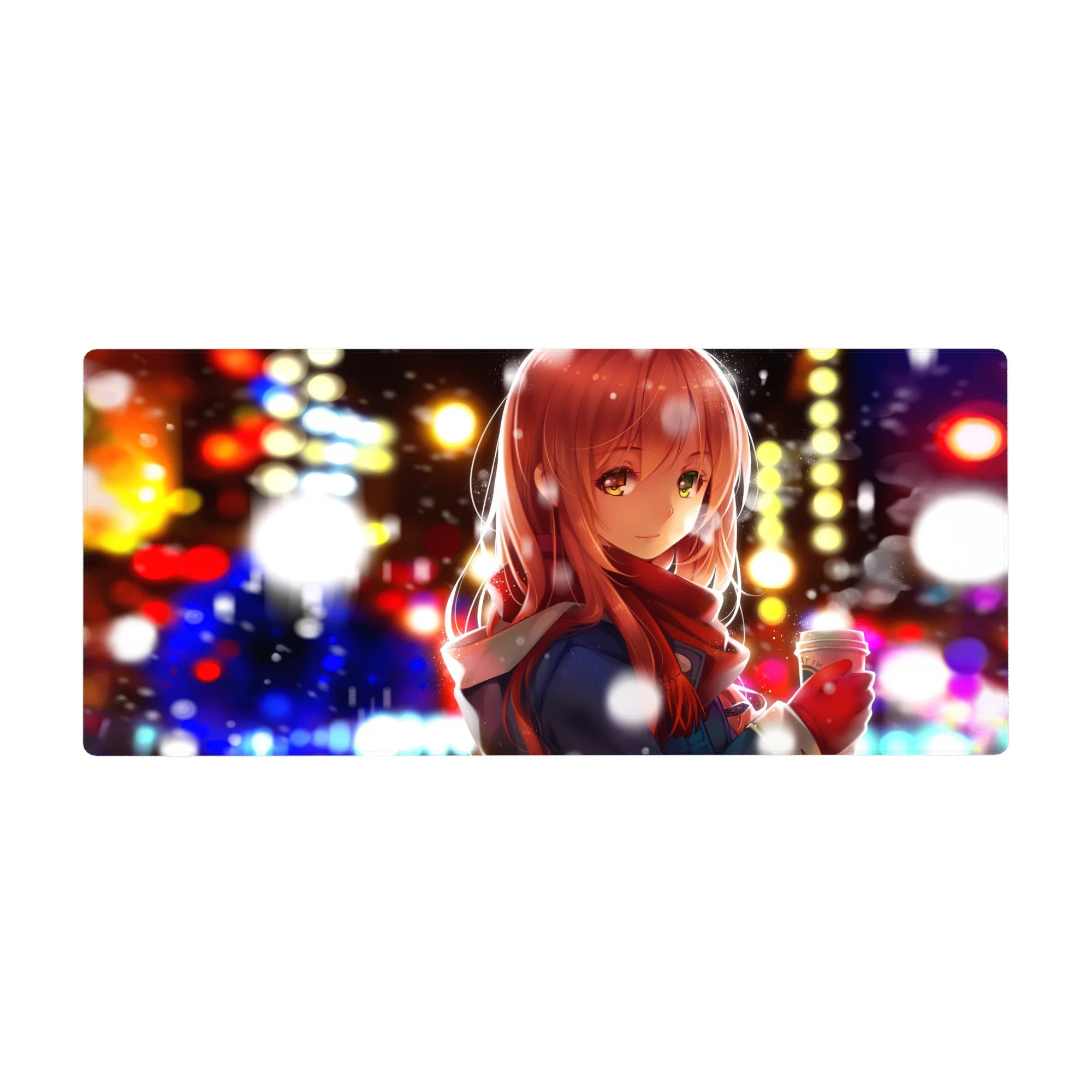 Anime girl desk pad 36x16 inches with snowy city lights, bokeh glow, and winter scarf scene.