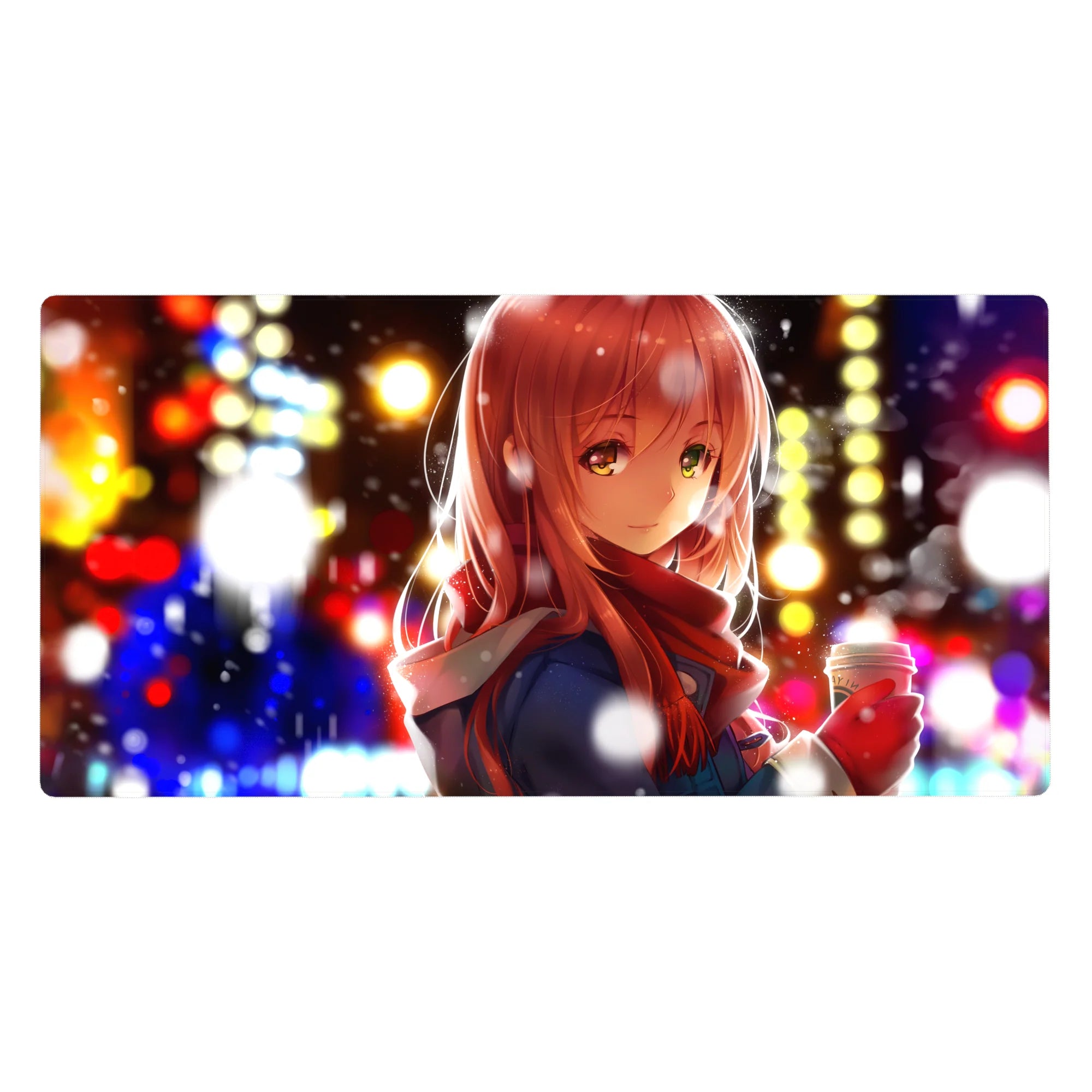 Anime girl desk pad 40x20 inches with winter city bokeh lights, snowflakes, and cozy scarf design.
