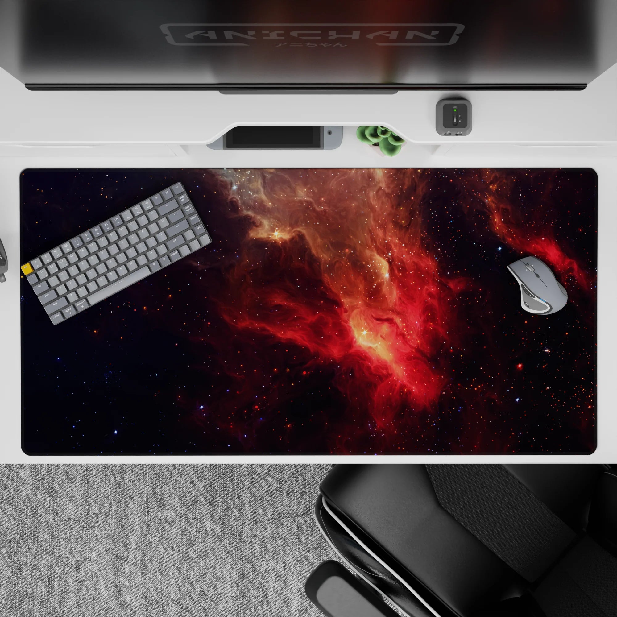 Midnight desk pad 40x20 inches in crimson and ember-orange glow, calm deep-space mood.