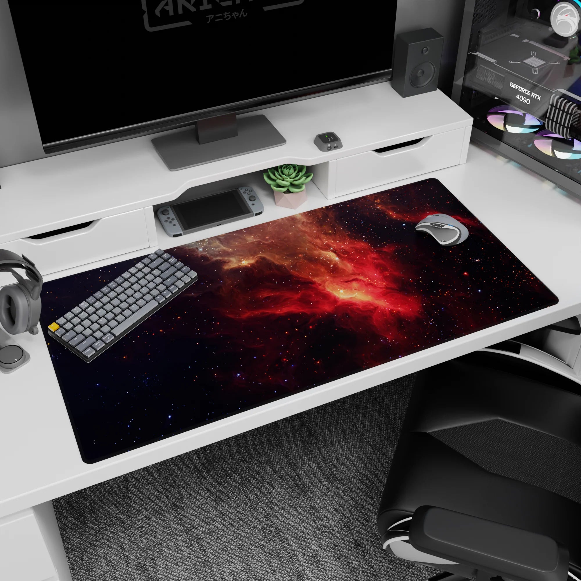 Deep-space scene desk pad 40x20 inches with swirling nebula clouds and tiny stars over dark sky.